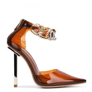 🔥Women's Brown Transparent Pointed Toe High Heel with Embellished Ankle Strap